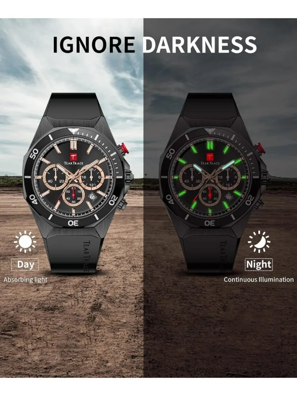 Men's All Black Analog Quartz Silicone Strap Chronograph Waterproof Luxury Watch